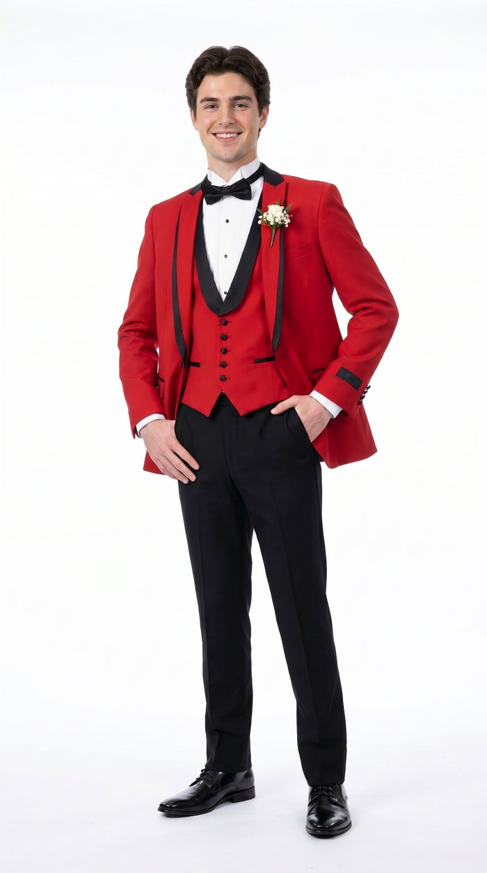 Men’s Red Prom Tuxedo Suit with Vest and Black Trim, Formal Wedding Dinner Suit
