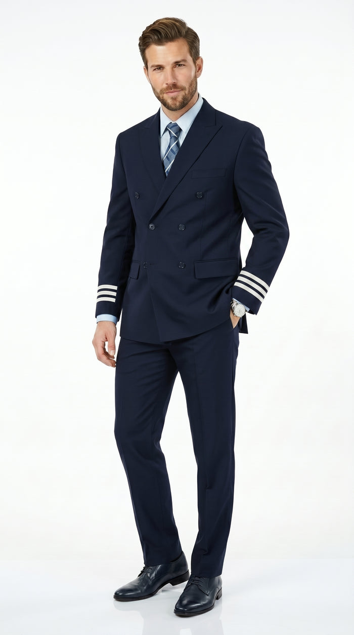Men’s Dark Navy Blue Double Breasted 6 Button Suit, Classic Formal Wedding Business Suit
