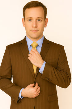 Brown Pinstripe Feel Poly-Rayon Three ~ 3 Buttons Style Suit Pleated Pants - Image 4