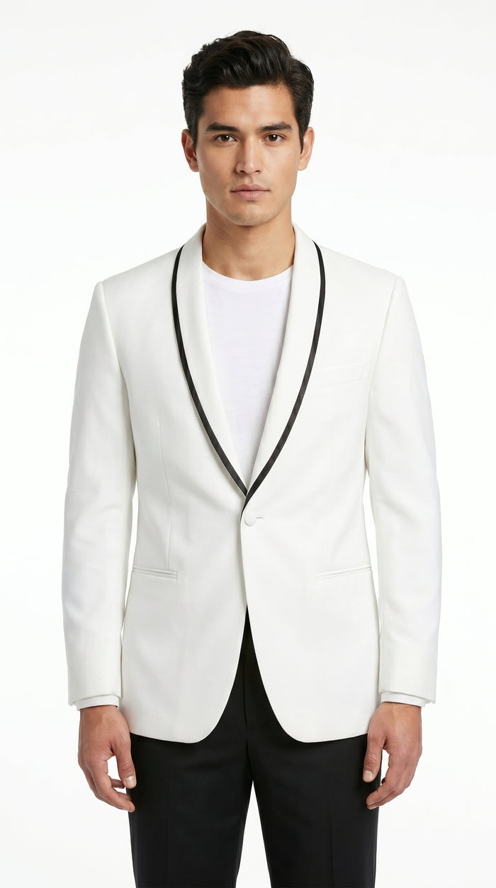 Men’s Waverly White Tuxedo Jacket by Ike Evening, Formal Dinner Jacket with Black Trim