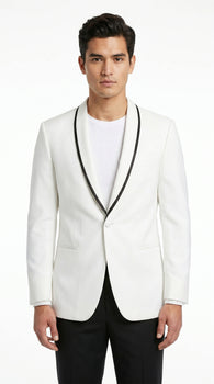 Men’s Waverly White Tuxedo Jacket by Ike Evening, Formal Dinner Jacket with Black Trim