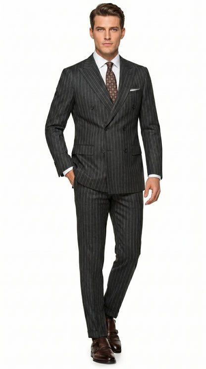 Men’s Grey Pinstripe Slim Fit Wool Suit with 2 Button Jacket and Peak Lapel