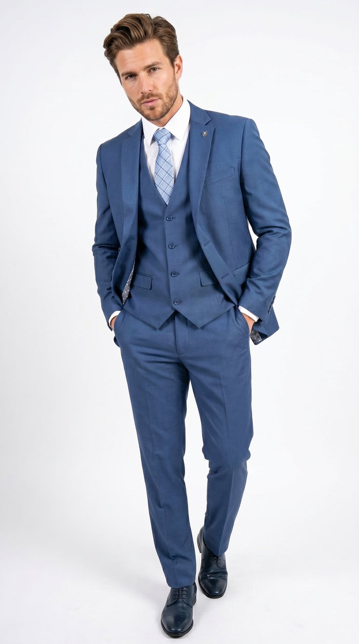 Men’s Stacy Adams Indigo Blue 3 Piece Suit with Vest, Modern Fit Formal Dress Suit