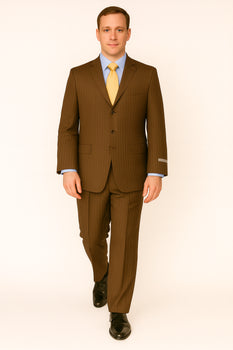 Brown Pinstripe Feel Poly-Rayon Three ~ 3 Buttons Style Suit Pleated Pants - Image 2