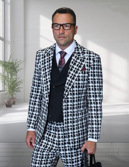 Statement Men’s 3-Piece 100% Wool Fashion Suit – Unique Checker Pattern Modern Fit