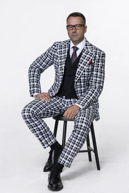 Statement Men’s 3-Piece 100% Wool Fashion Suit – Unique Checker Pattern Modern Fit