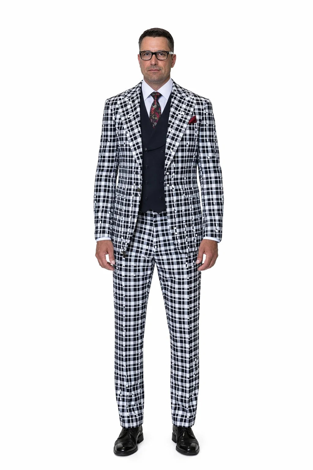 Statement Men’s 3-Piece 100% Wool Fashion Suit – Unique Checker Pattern Modern Fit