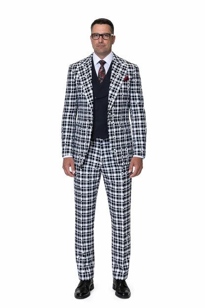 Statement Men’s 3-Piece 100% Wool Fashion Suit – Unique Checker Pattern Modern Fit
