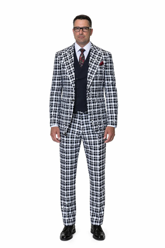 Statement Men’s 3-Piece 100% Wool Fashion Suit – Unique Checker Pattern Modern Fit