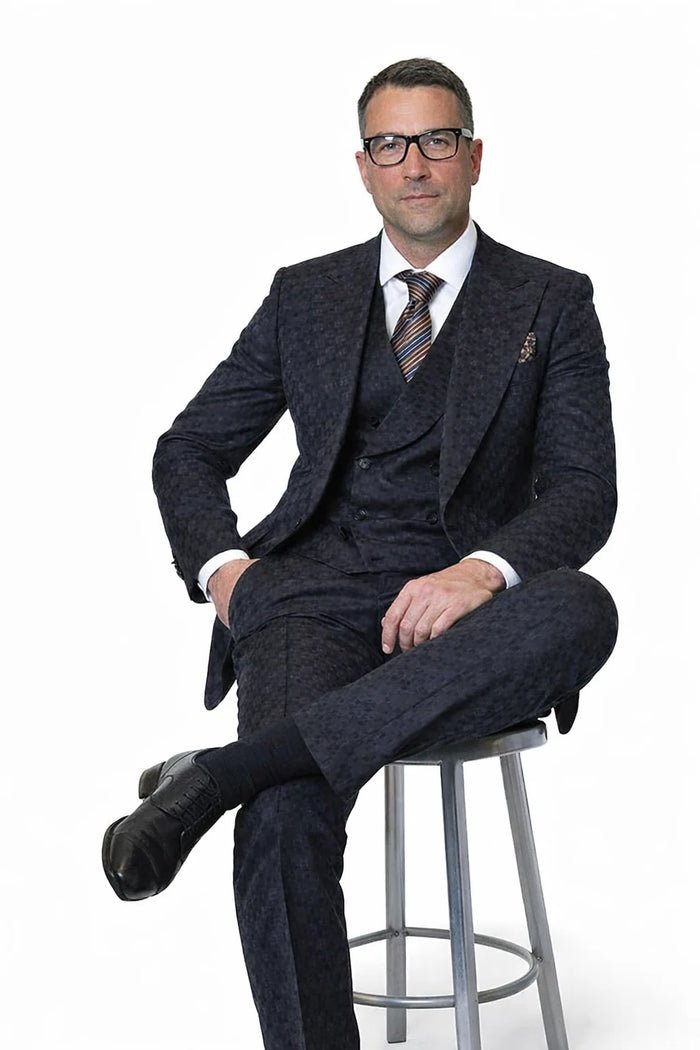 Statement Men’s 3-Piece 100% Wool Fashion Suit – Unique Checker Pattern Modern Fit
