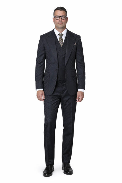 Statement Men’s 3-Piece 100% Wool Fashion Suit – Unique Checker Pattern Modern Fit