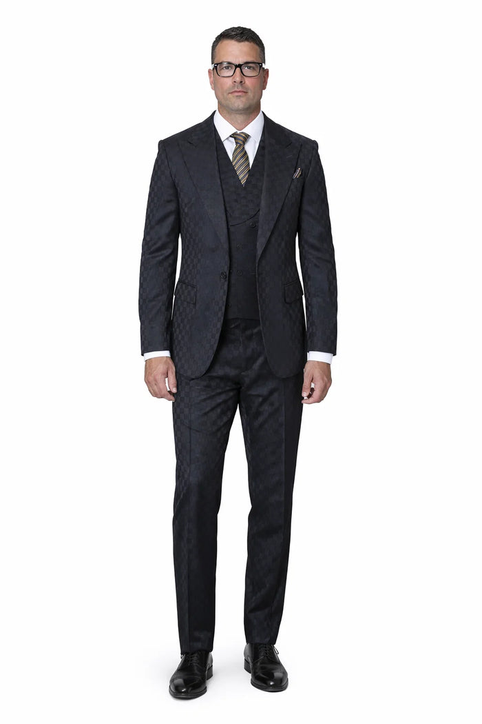 Statement Men’s 3-Piece 100% Wool Fashion Suit – Unique Checker Pattern Modern Fit