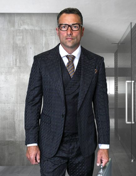 Statement Men’s 3-Piece 100% Wool Fashion Suit – Unique Checker Pattern Modern Fit