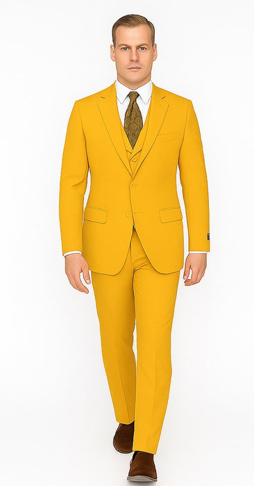 Poplin Fabric Pacelli 3pc Mustard Suit CAMERON-10027 Classic Fit Pleated Pants Athletic Cut