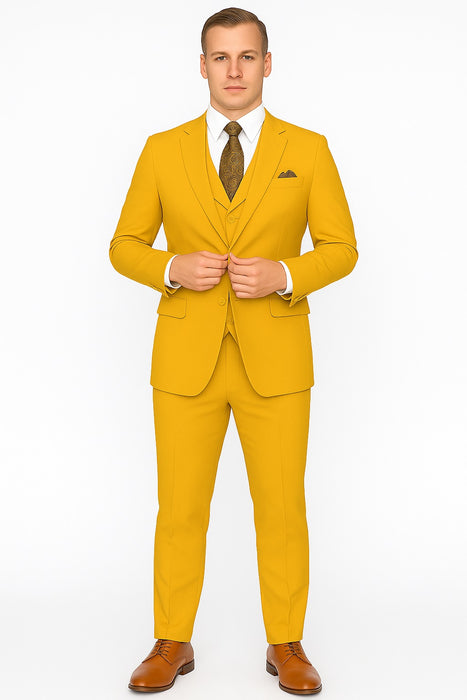 Poplin Fabric Pacelli 3pc Mustard Suit CAMERON-10027 Classic Fit Pleated Pants Athletic Cut