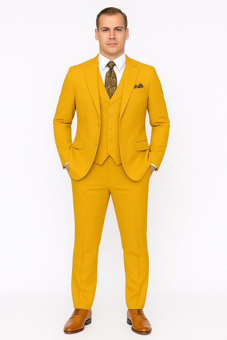 Poplin Fabric Pacelli 3pc Mustard Suit CAMERON-10027 Classic Fit Pleated Pants Athletic Cut