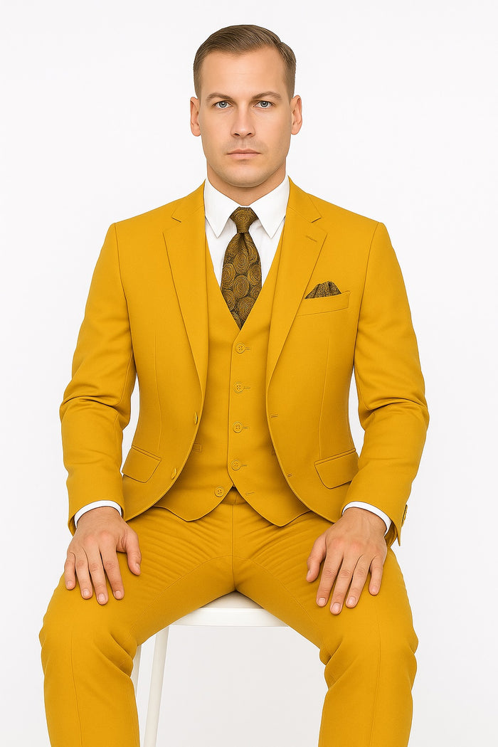 Poplin Fabric Pacelli 3pc Mustard Suit CAMERON-10027 Classic Fit Pleated Pants Athletic Cut