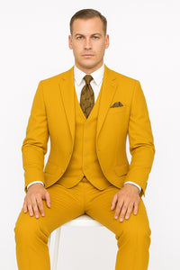 Poplin Fabric Pacelli 3pc Mustard Suit CAMERON-10027 Classic Fit Pleated Pants Athletic Cut