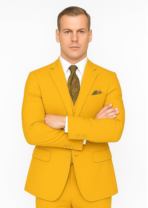 Poplin Fabric Pacelli 3pc Mustard Suit CAMERON-10027 Classic Fit Pleated Pants Athletic Cut