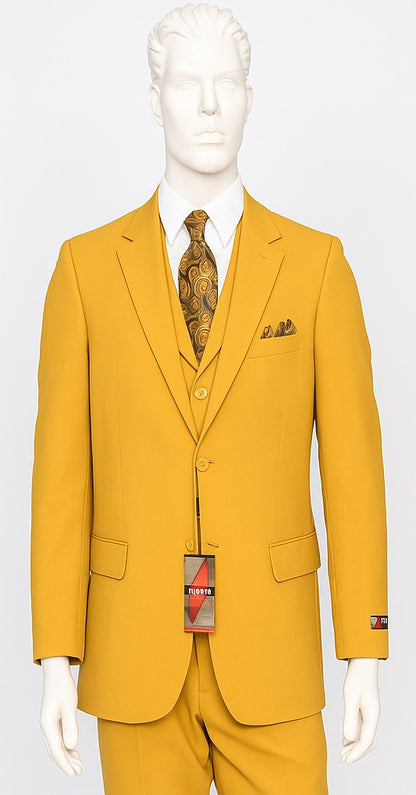 Poplin Fabric Pacelli 3pc Mustard Suit CAMERON-10027 Classic Fit Pleated Pants Athletic Cut