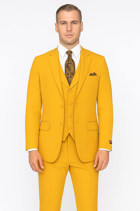 Poplin Fabric Pacelli 3pc Mustard Suit CAMERON-10027 Classic Fit Pleated Pants Athletic Cut
