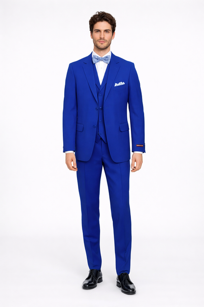 Poplin Fabric Pacelli 3pc Royal Blue Suit CAMERON-10011 Classic Fit Pleated Pants Athletic Cut