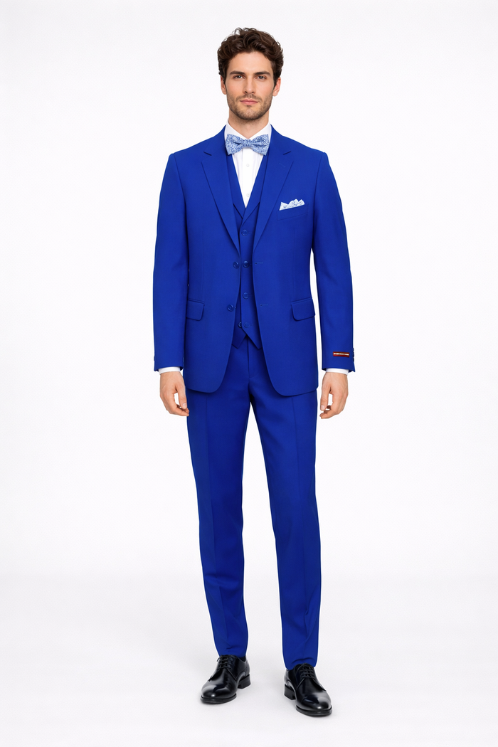 Poplin Fabric Pacelli 3pc Royal Blue Suit CAMERON-10011 Classic Fit Pleated Pants Athletic Cut