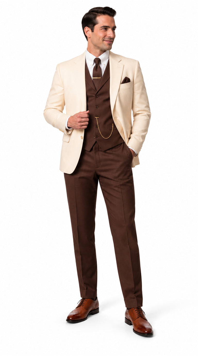 Great Gatsby 1920s Ivory Dinner Jacket with Brown Vest and Pants – Cream Off-White Collar Outfit