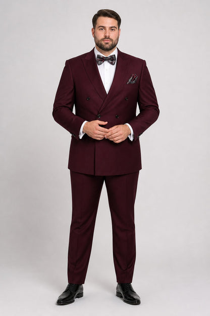Men's Designer Double Breasted Wool Suit in Burgundy Modern Fit