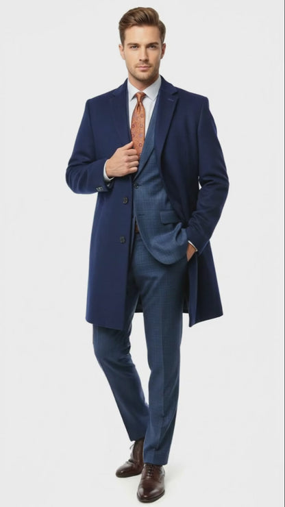 Mens Cobalt Blue Wool and Cashmere Car Coat Overcoat – Classic Winter Topcoat for Indigo Sapphire Color (light Navy Dark Royal)