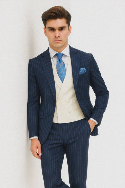 Men'S 2 Button Chalk Bold Stripe ~ Pinstripe Blue Shawl Collar 1920'S 30'S Fashion Vintage Patterns No Vest Included Suit