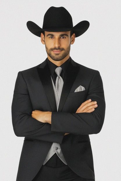 Mens 1 Button Peak Lapel in Grey Cowboy Suit - Country Wedding Suits Modern Fit