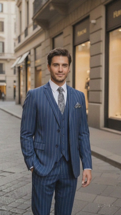 Men's Bold Gangster 1920s Vintage Navy Blue ~ White Gangster Bold Stripe 2 Button Vested Dress Suits for Men