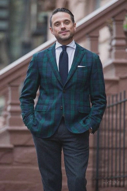 Men'S Green And Blue Tartan Plaid Window Pane Checkered Suit With Vest