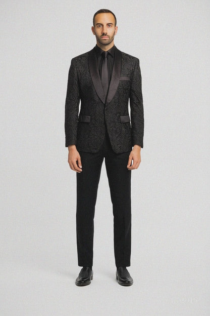 Men's 1 Button Slim Fit Satin Shawl Lapel Black Dinner Jacket