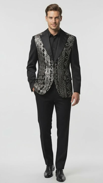 Mens Black and White and Silver Sequin Embroidered Blazer – Luxury Designer Party Wear with Geometric Detailing