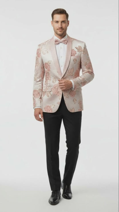 Men’s Pink Blush Floral Jacquard Blazer with Embellished Shawl Lapel – Luxury Party and Wedding Wear Jacket