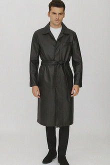 Men’s Black PU Belted Trench Coat – Long Leather Look Overcoat Full length