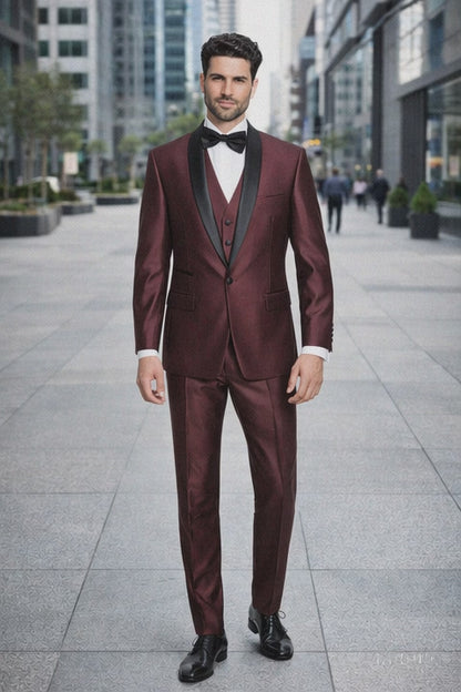 Burgundy Shiny Tuxedo Vested Suit - Sateen Sharkskin Fabric Groom Suit