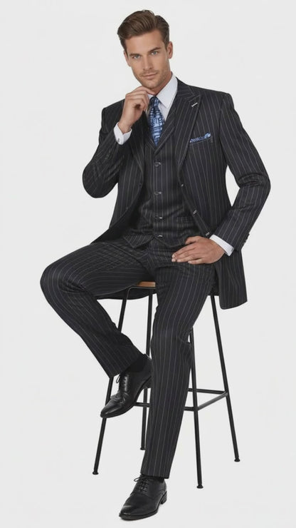 Men’s Three Button Suits -  Navy Blue Pinstripe Three-Piece Suit – Classic Business and Formal Wear - Zoot Suit