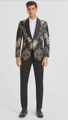 Men’s Black and Gold and Silver Floral Jacquard Blazer with Satin Shawl Lapel Tuxedo Suit With Black Pants with Bowtie