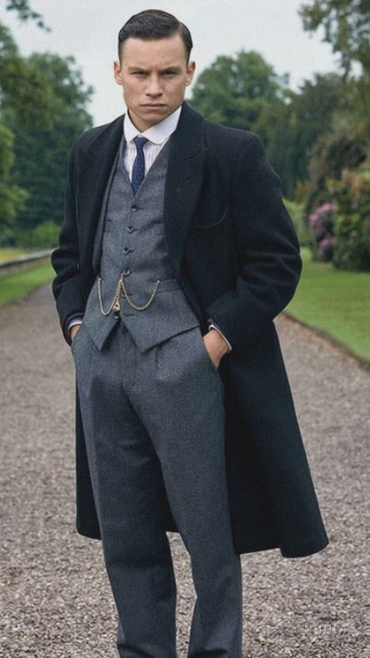 Men's Black Full-length Sleeves Buttoned Closure Peaky Blinders Suit - Peaky Blinders Outfit + Overcoat + Hat (Peaky Blinder Custome)