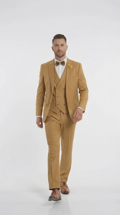 Men’s Camel Classic Fit 3 Piece Suit, Vested Formal Wedding Prom Suit with Knee Lined Pants