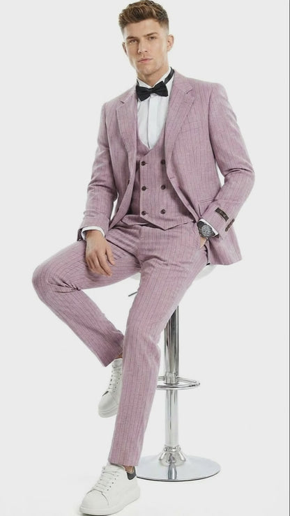 Men’s Dusty Rose Pink Pinstripe Three Piece Suit with Vest | Wedding and Party Formal Wear Prom or Church Suit Modern Fit