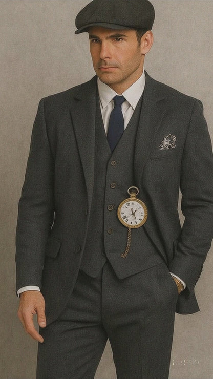 Men'S Gray Three Buttons Two Flap Front Pockets 3 Piece Peaky Blinders Suits - Peaky Blinders Outfit + Overcoat + Shirt And Hat + Boot (Like Pictured)