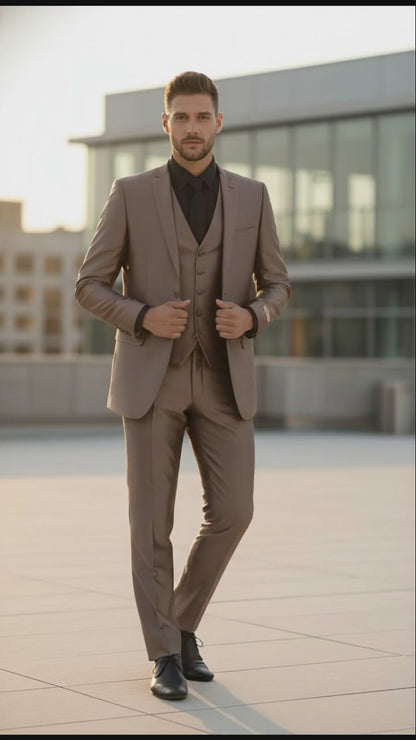Men’s Sateen Shiny Metallic Mocca Taupe Gold Bronze 3-Piece Suit Set – Shiny Finish slim Fit Formal and Party Suit