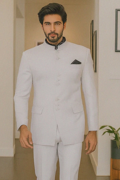 Apollo King Suit Men's 2 Pieces Nehru Style Suit Apollo King White