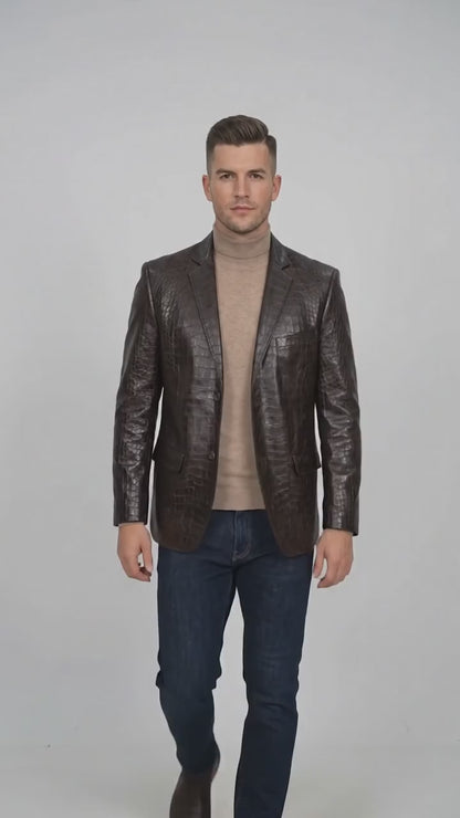 Zacchi Men’s Brown Crocodile Print Blazer, Italian Cut Alligator Leather Feel Sport Coat