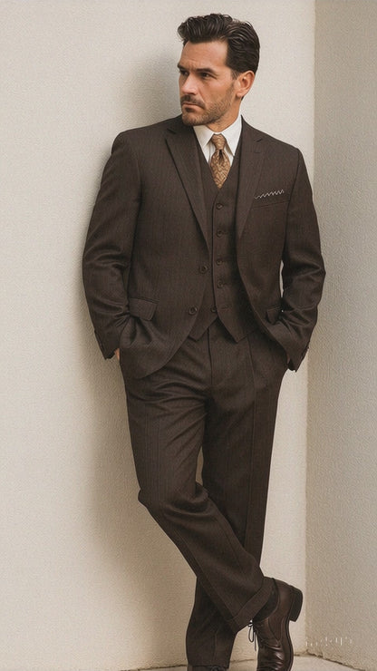 Classic Vested 3 Pieces 2 Button Dark Brown Stripe ~ Pinstripe Men's Suit  Discounted Sale