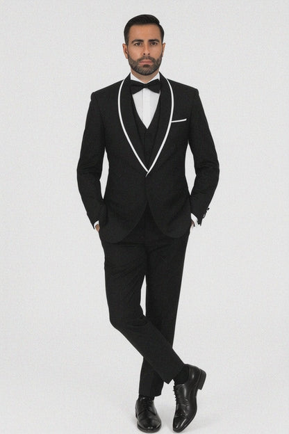 Men's Trimmed Shawl Lapel Blazer Dinner Jacket Black Vested Sport Coat